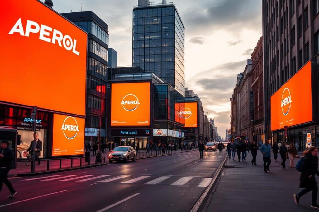 APEROL-Kampagne der Ströer SE & Co. KGaA in Köln mit orangefarbenen Werbeflächen