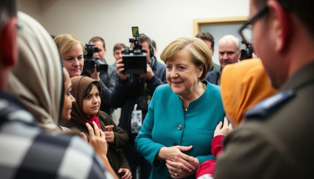 Angela Merkel besucht eine Flüchtlingsunterkunft während der Flüchtlingskrise 2015