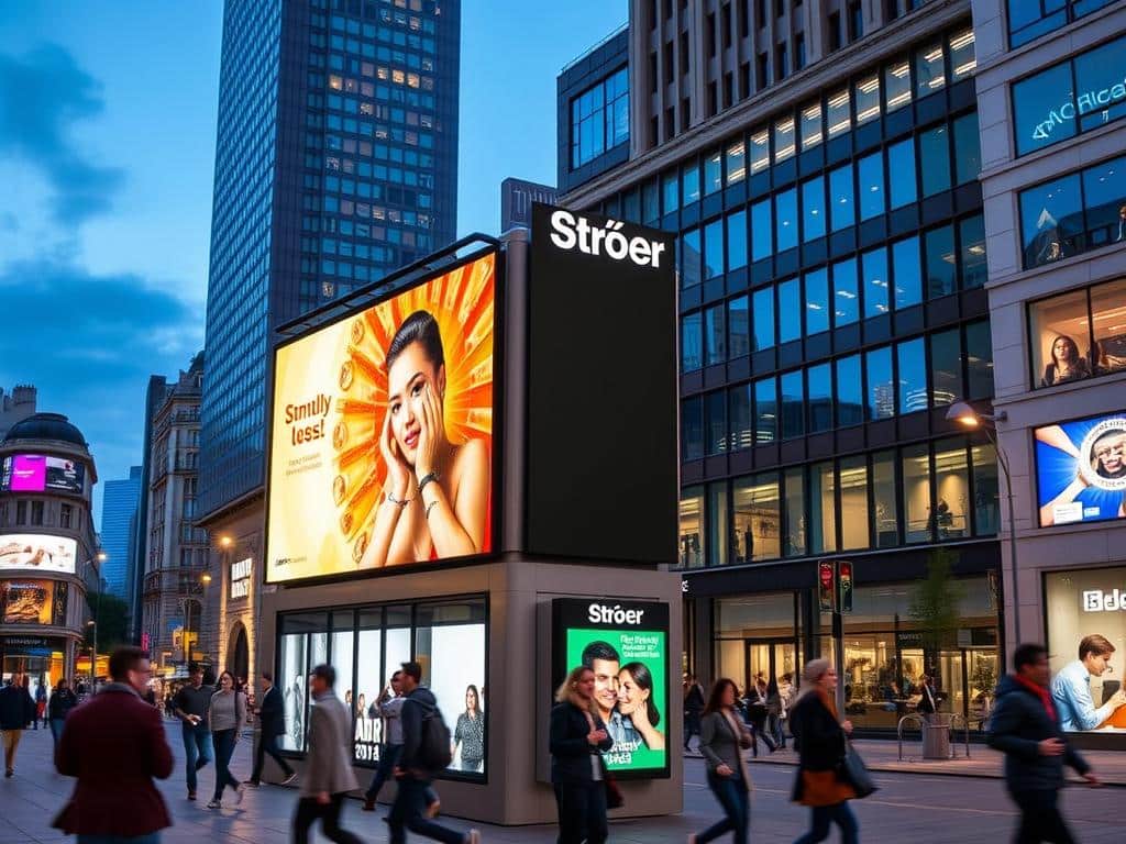 Digitale Außenwerbung der Ströer SE & Co. KGaA an einem belebten Stadtplatz