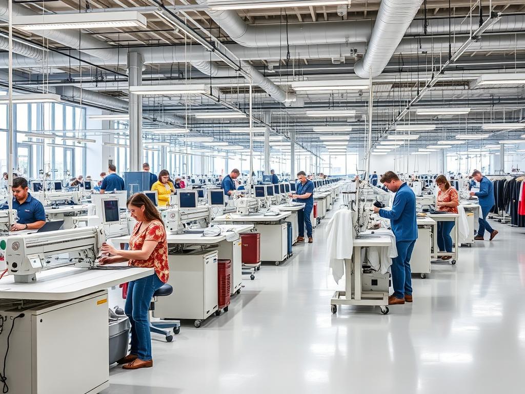 Moderne Produktionsanlagen der Trigema W. Grupp KG mit Mitarbeitern bei der Textilherstellung