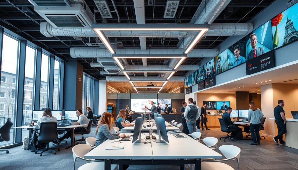 Modernes Büro der Axel Springer SE mit Mitarbeitern in Zusammenarbeit