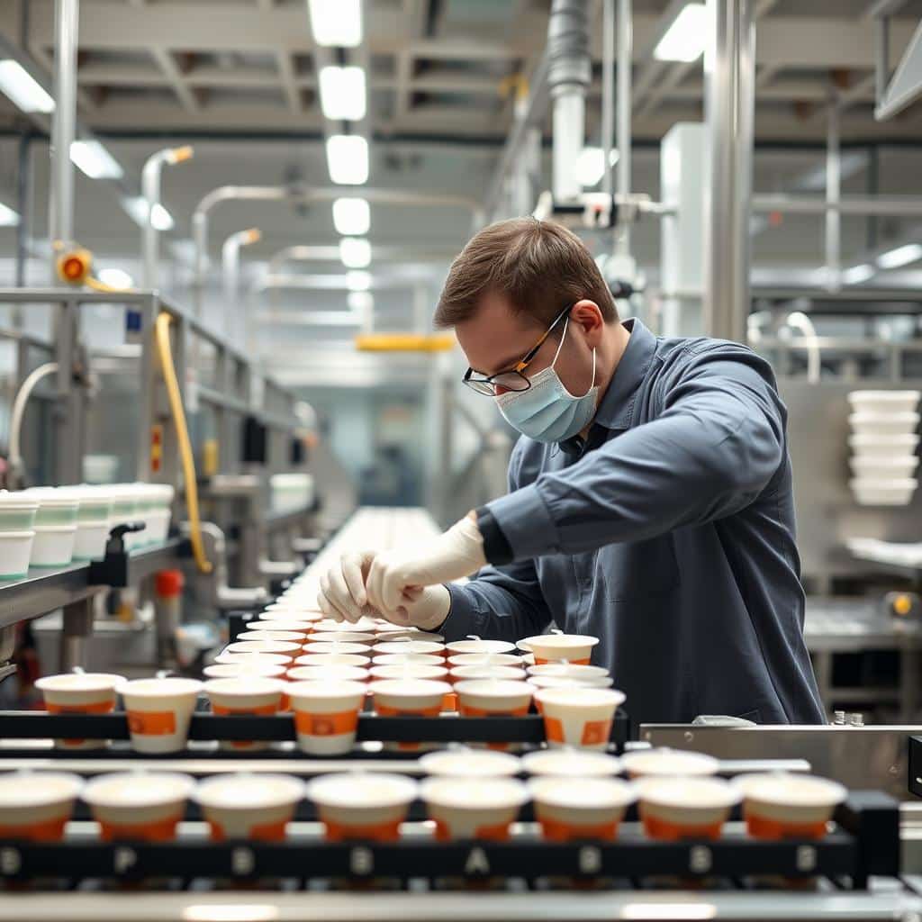 Qualitätskontrolle in der Produktion der Unternehmensgruppe Theo Müller S.e.c.s.