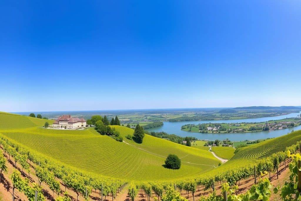 Weinberge des Weinguts von Othegraven an der Saar mit Blick auf das historische Gutshaus